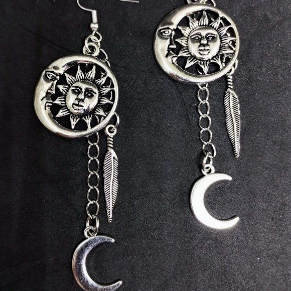 Hand Crafted Jewelry - Handmade Silver Dangle Boho Celestial Sun and Moon Feather Chain Earrings